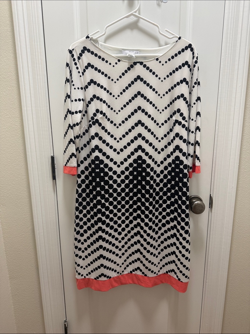 Polka Dot Chevron Long-Sleeve Shift Dress in White, Black & Coral
